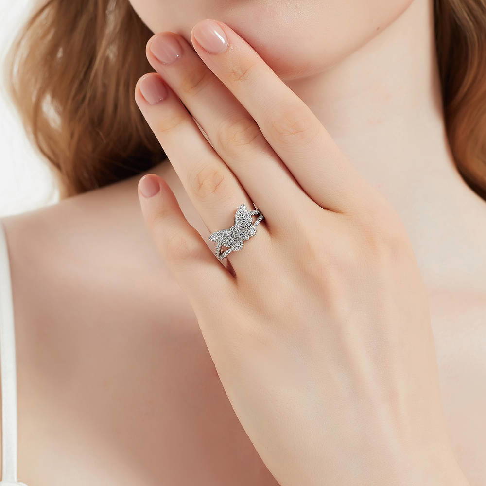 Model wearing Butterfly CZ Ring in Sterling Silver, 2 of 10