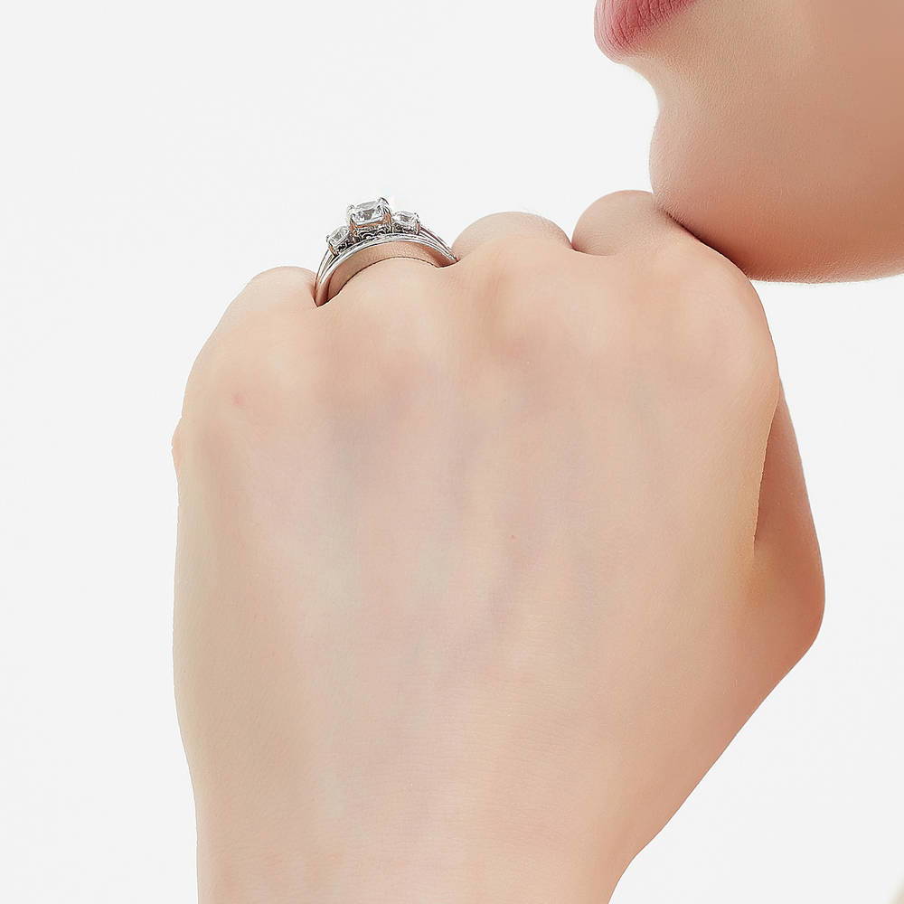 Model wearing 3-Stone 1ct CZ Ring Set in Sterling Silver, 9 of 18