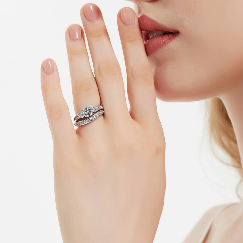 Model wearing 3-Stone 1ct CZ Ring Set in Sterling Silver, 2 of 18
