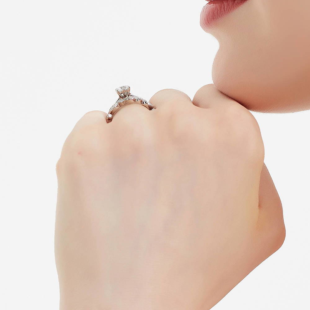 Model wearing Solitaire Milgrain Art Deco 0.45ct CZ Ring Set in Sterling Silver, 9 of 19