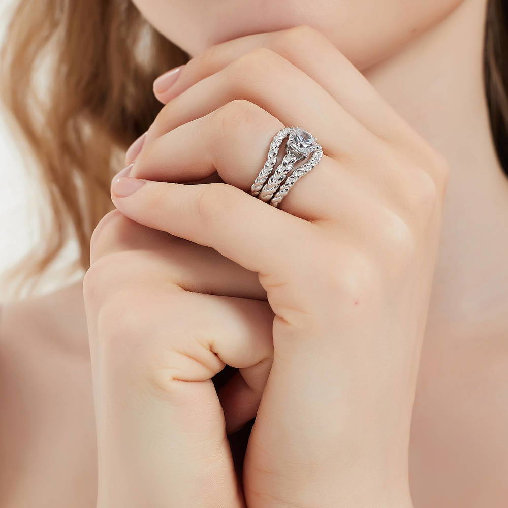 Model wearing Woven Solitaire 1.25ct CZ Ring in Sterling Silver, 15 of 16