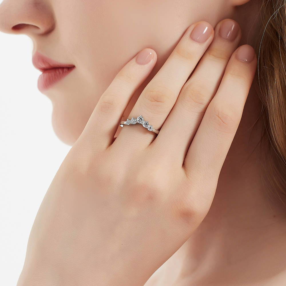 Model wearing 5-Stone Wishbone CZ Curved Band in Sterling Silver, 3 of 8