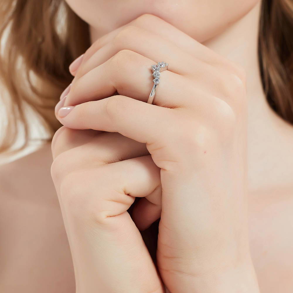 Model wearing 5-Stone Solitaire CZ Ring Set in Sterling Silver, 15 of 16