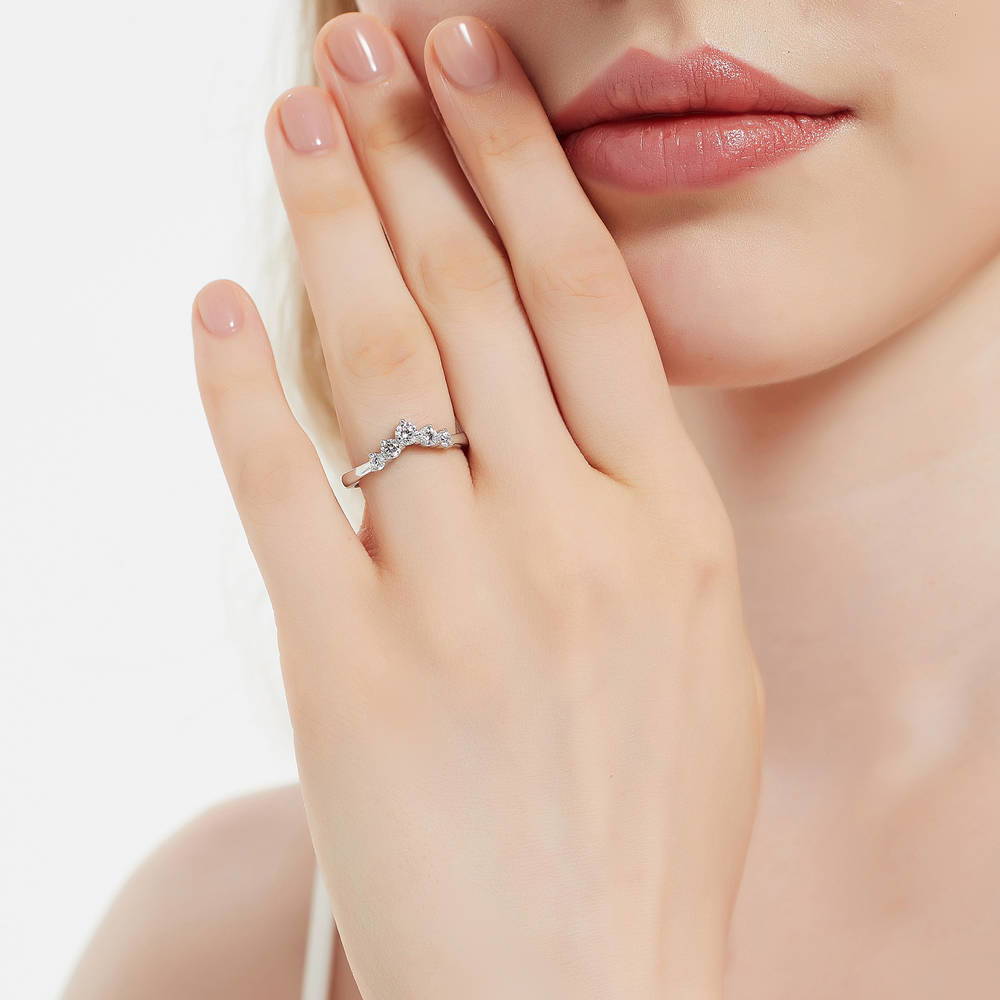 Model wearing 5-Stone Wishbone CZ Curved Band in Sterling Silver, 2 of 8