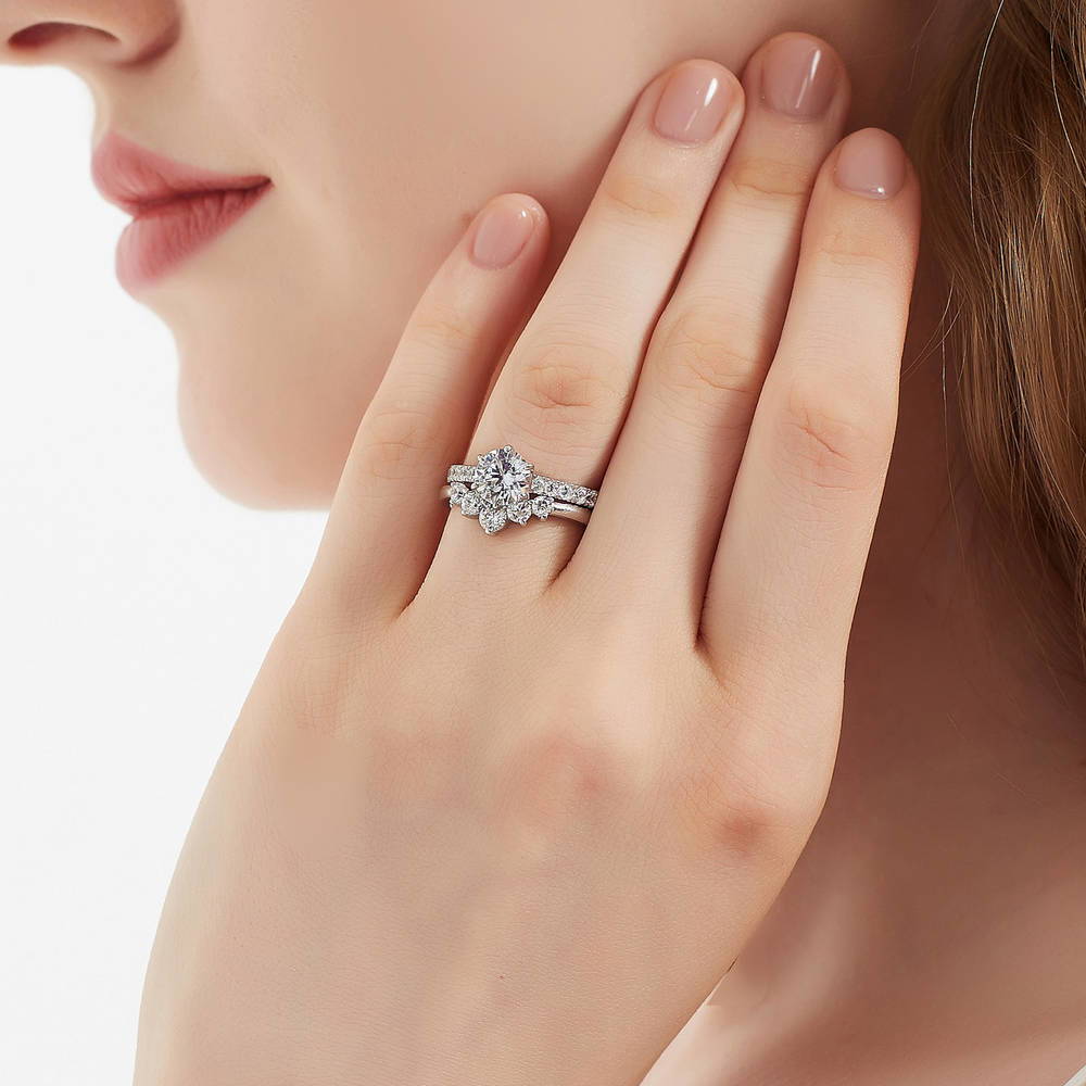 Model wearing Solitaire 5-Stone Wishbone 1.25ct CZ Ring Set in Sterling Silver, 3 of 19