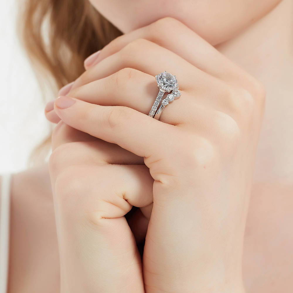 Model wearing 5-Stone Solitaire CZ Ring Set in Sterling Silver, 6 of 16