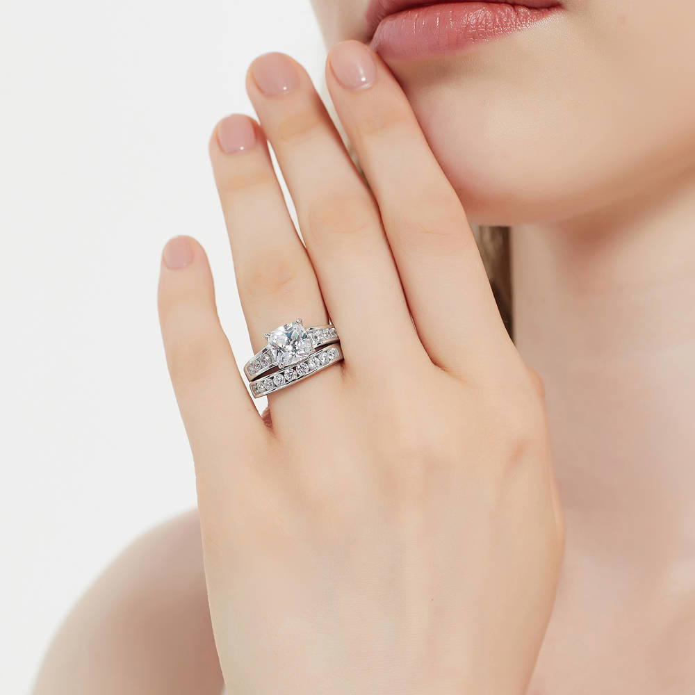 Model wearing Solitaire 3ct Cushion CZ Ring Set in Sterling Silver, 3 of 16