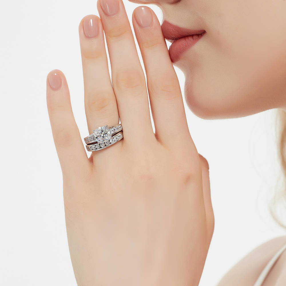 Model Wearing Curved Half Eternity Ring Style R1537-B, Solitaire Ring Style R1520-01