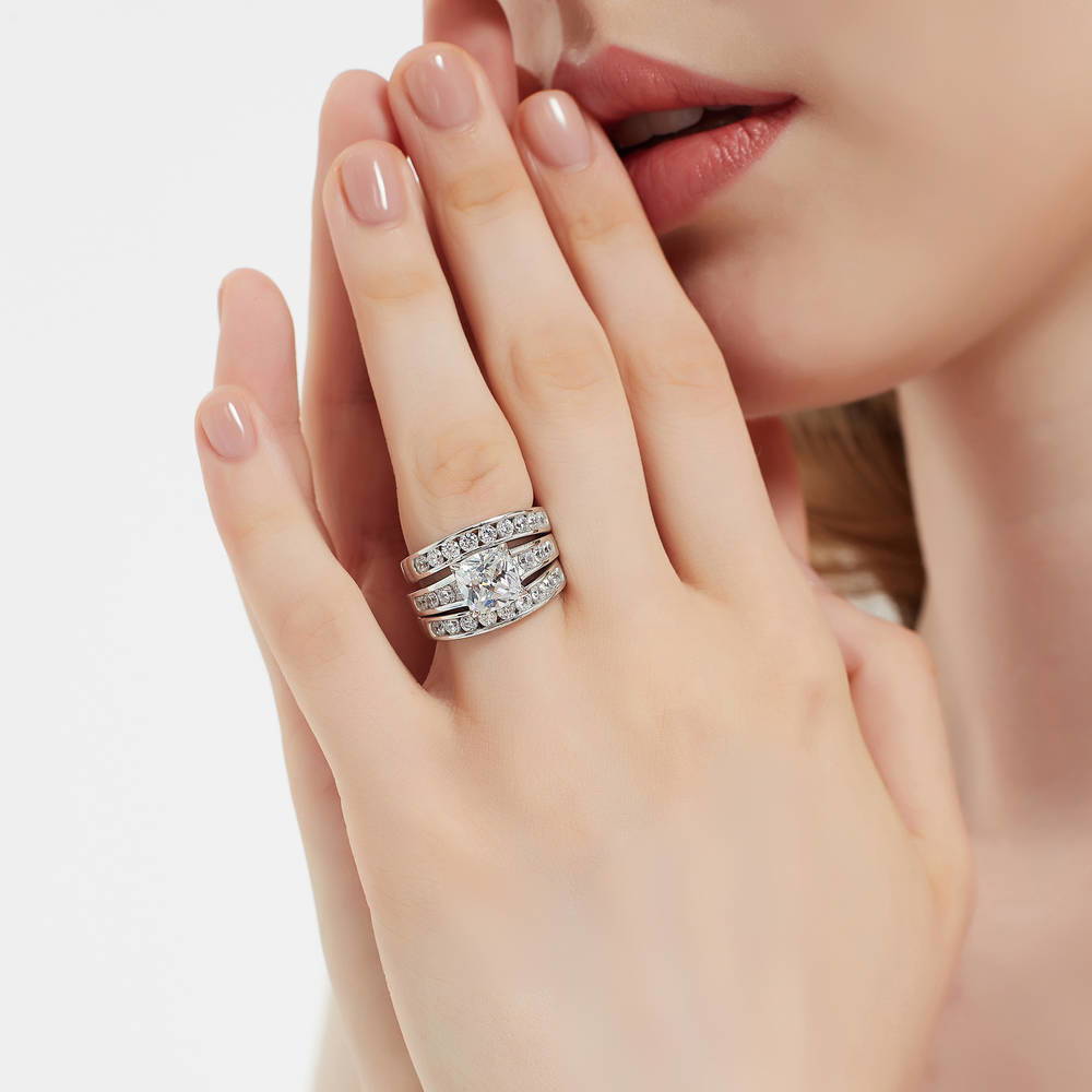 Model wearing Solitaire 3ct Cushion CZ Ring Set in Sterling Silver, 2 of 16