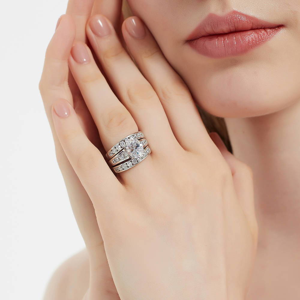 Model wearing Solitaire 2.5ct Oval CZ Ring Set in Sterling Silver, 3 of 16
