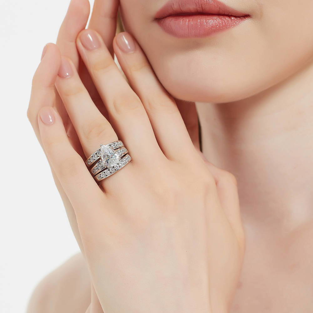 Model wearing Solitaire 3ct Pear CZ Ring Set in Sterling Silver, 3 of 17