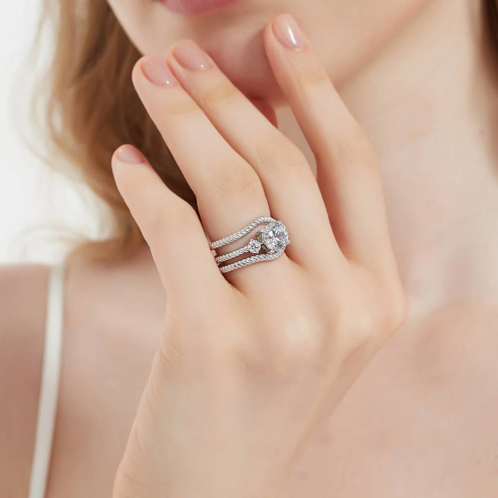 Model wearing 3-Stone Woven 2ct CZ Ring Set in Sterling Silver, 3 of 16