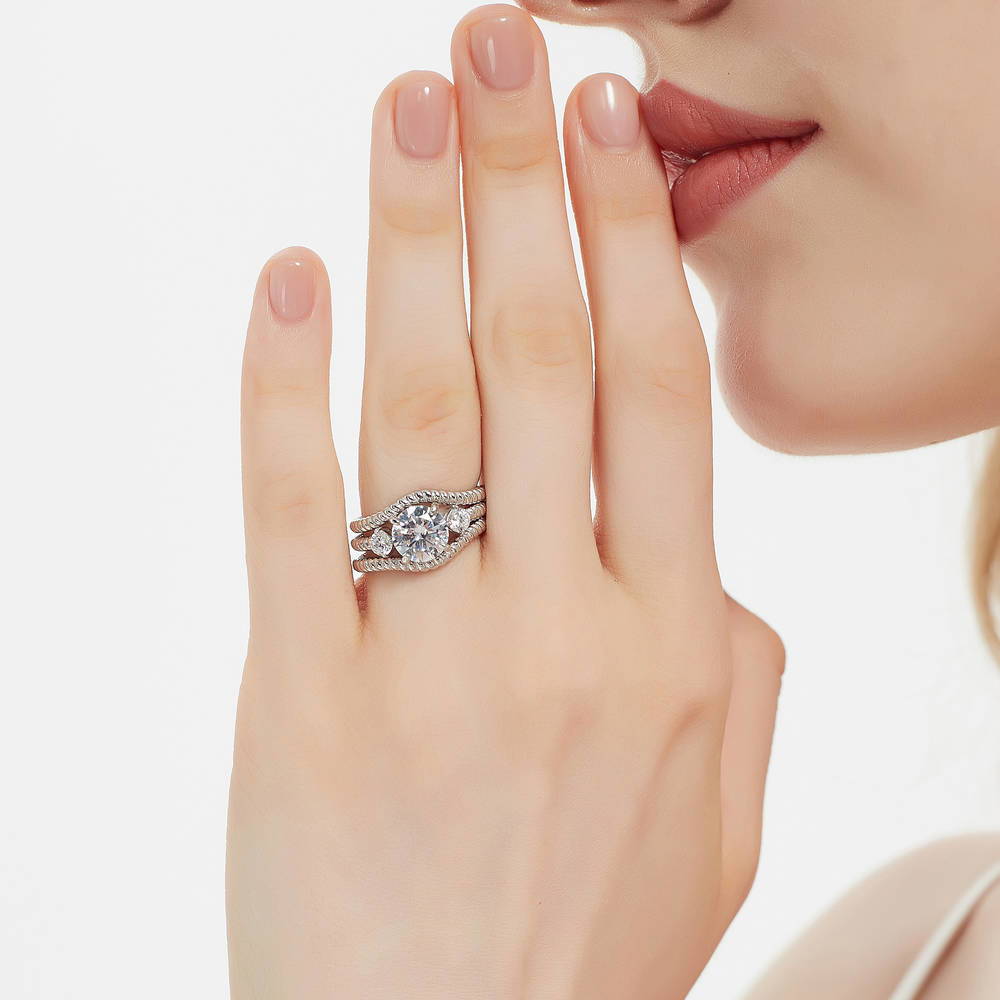 Model wearing 3-Stone Woven 2ct CZ Ring Set in Sterling Silver, 2 of 16