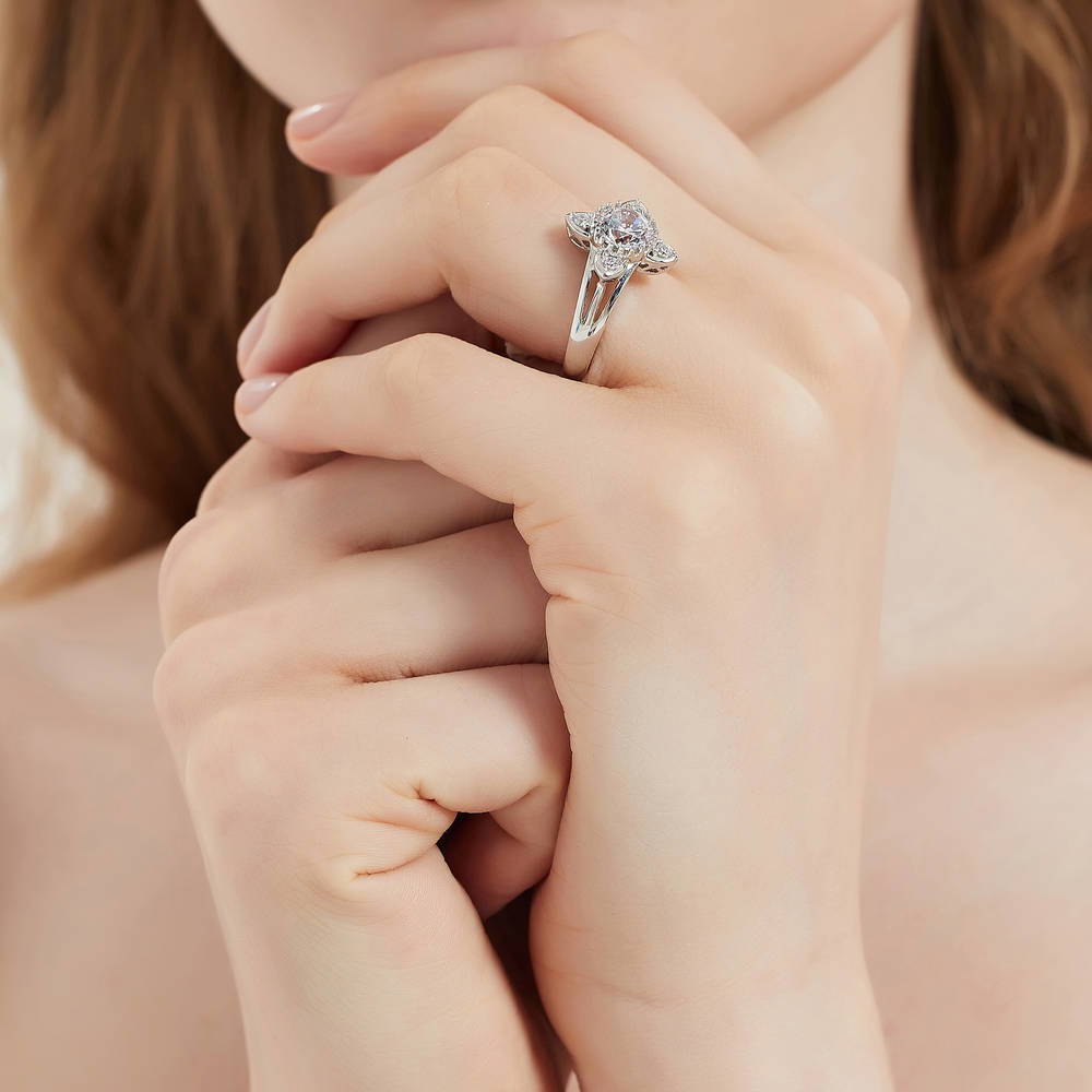 Model wearing Flower CZ Ring in Sterling Silver, 6 of 8