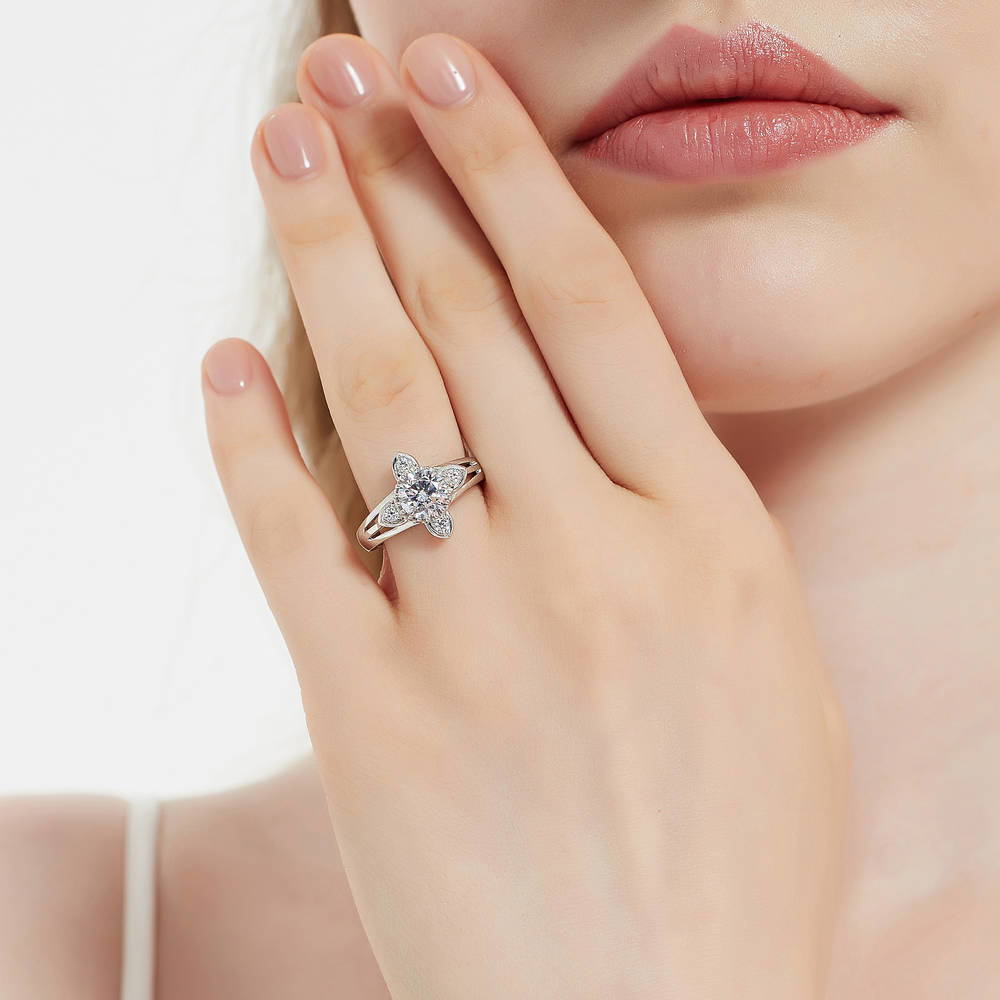 Model wearing Flower CZ Ring in Sterling Silver, 2 of 8