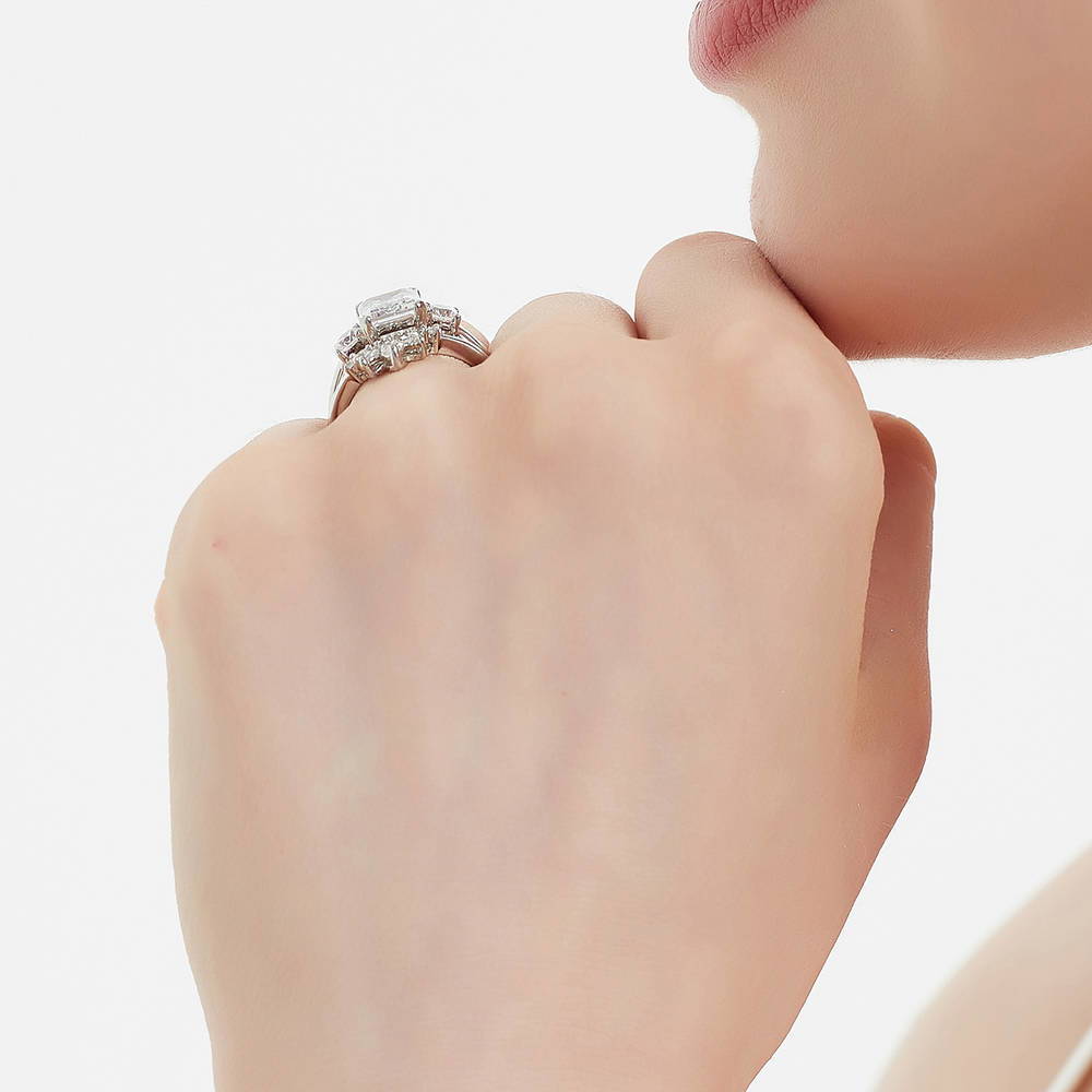 3-Stone Flower 7-Stone Wishbone CZ Ring Set in Sterling Silver