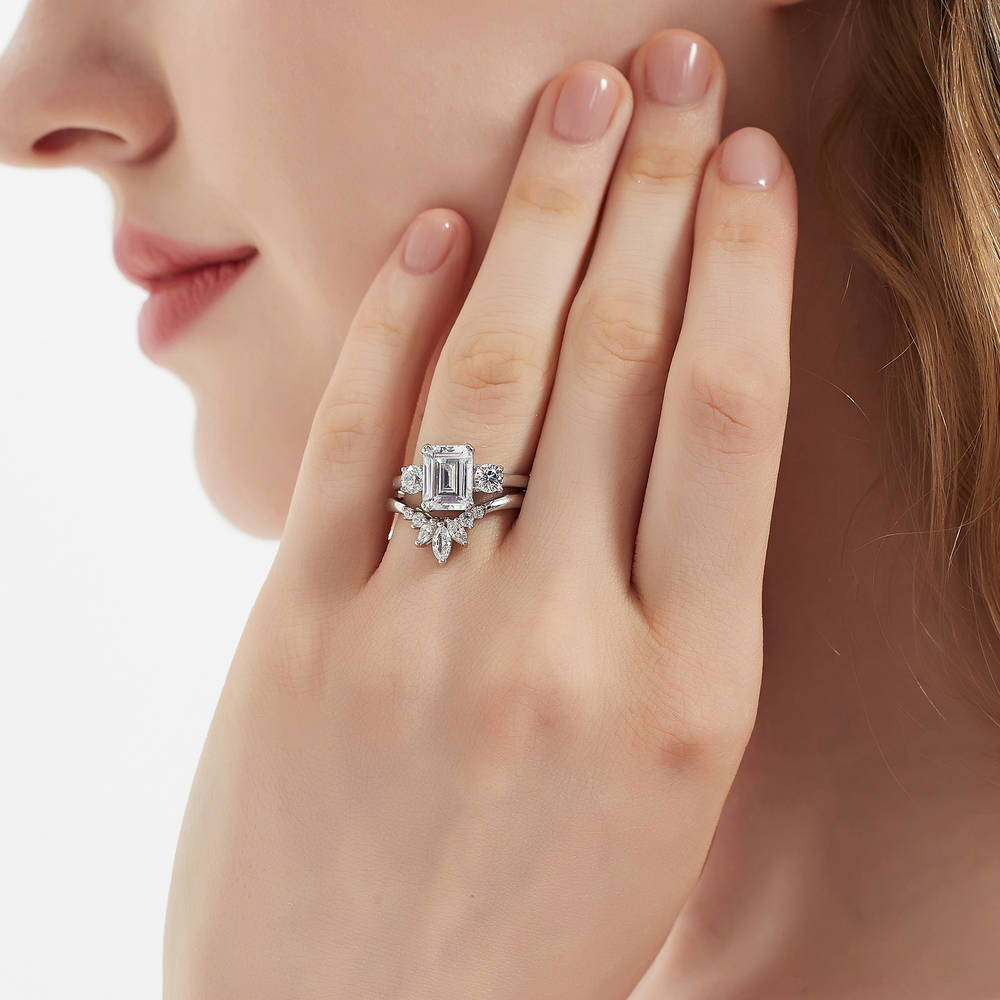 3-Stone Flower 7-Stone Wishbone CZ Ring Set in Sterling Silver