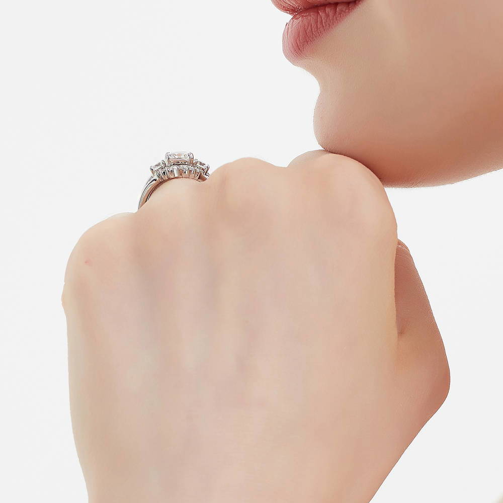 Model wearing 3-Stone Wishbone 7-Stone Cushion CZ Ring Set in Sterling Silver, 10 of 19
