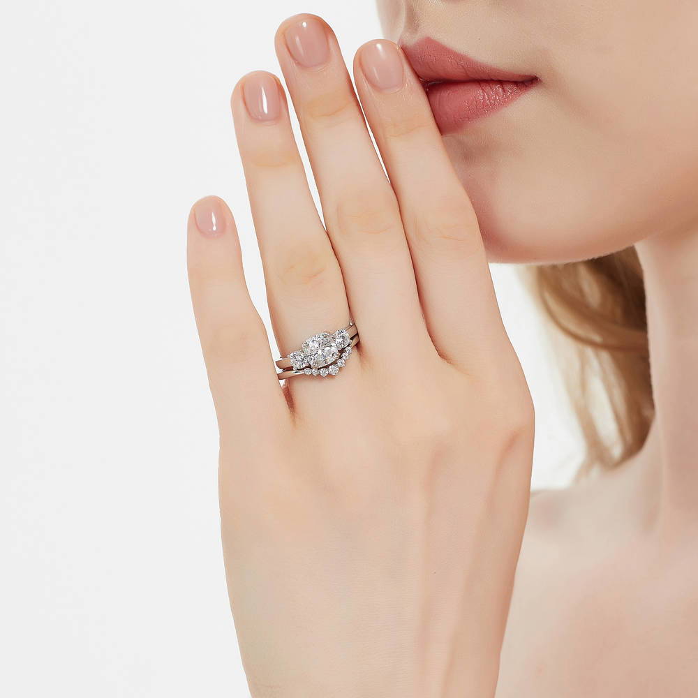 3-Stone Wishbone 7-Stone Cushion CZ Ring Set in Sterling Silver