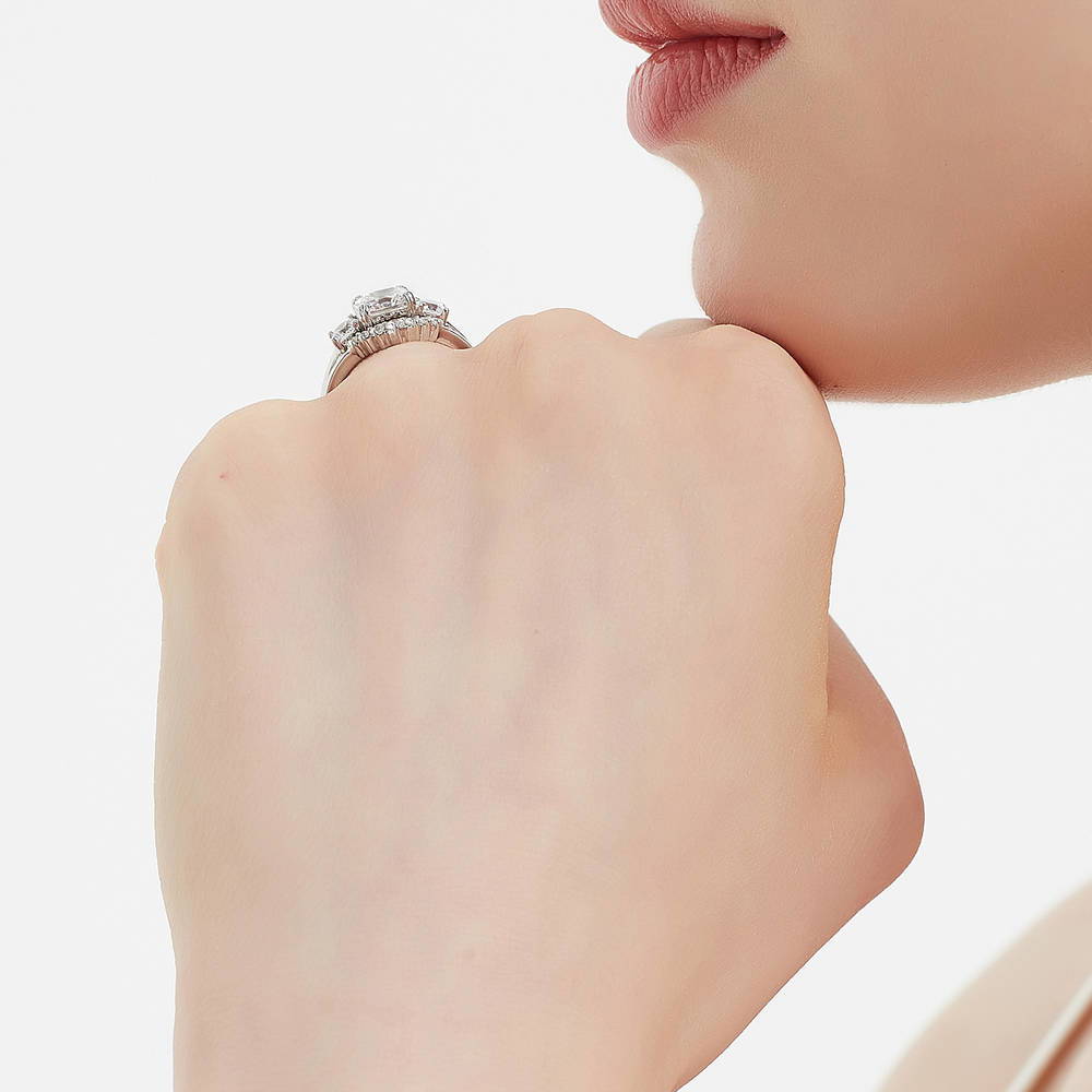 3-Stone Wishbone 7-Stone Cushion CZ Ring Set in Sterling Silver