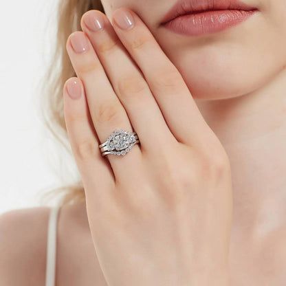3-Stone Wishbone 7-Stone Cushion CZ Ring Set in Sterling Silver