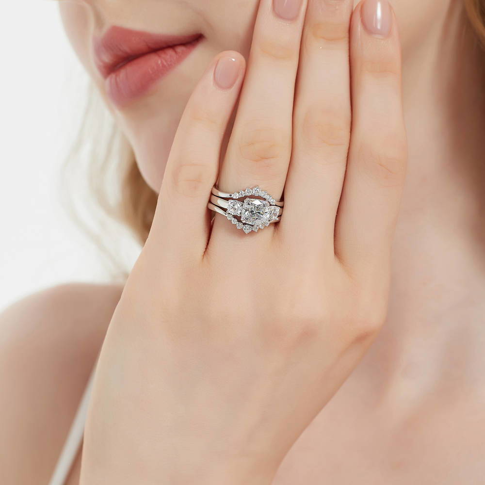 Model wearing 3-Stone Wishbone 7-Stone Cushion CZ Ring Set in Sterling Silver, 6 of 19