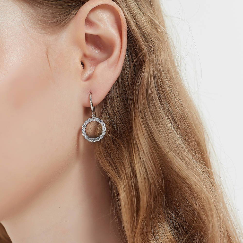 Model wearing Open Circle CZ Fish Hook Earrings in Sterling Silver, 6 of 8