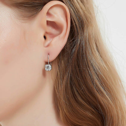 Solitaire 3.2ct Asscher CZ Fish Hook Earrings in Sterling Silver