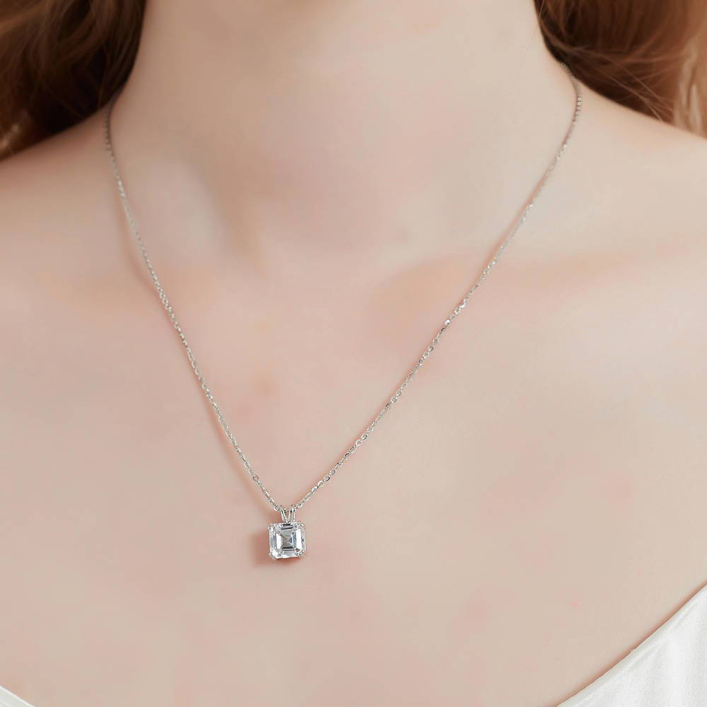 Model wearing Solitaire Asscher CZ Necklace in Sterling Silver 6ct, 2 Piece, 2 of 15