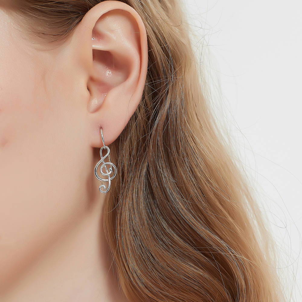 Treble Clef Music Note Fish Hook Earrings in Sterling Silver