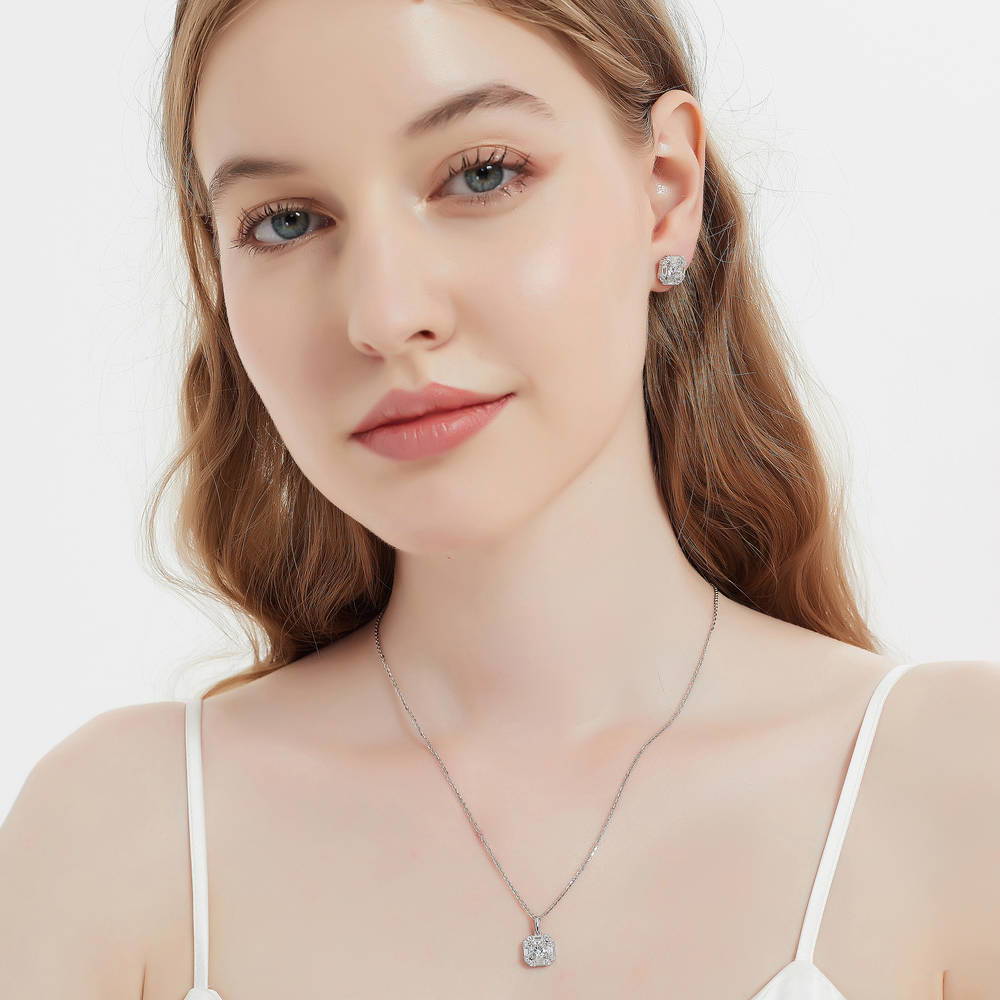 Model wearing Halo Art Deco CZ Stud Earrings in Sterling Silver, 4 of 5