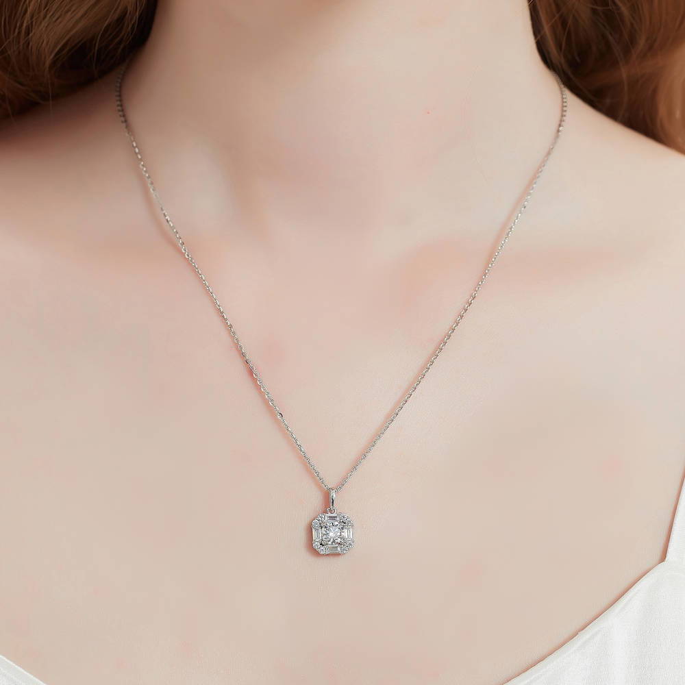Model wearing Halo Art Deco CZ Necklace and Earrings in Sterling Silver, 7 of 12
