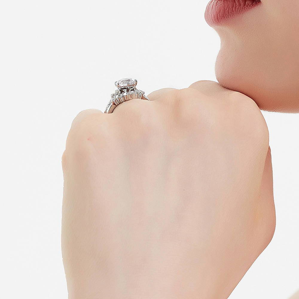 Model wearing Solitaire 5-Stone Wishbone 2ct CZ Ring Set in Sterling Silver, 9 of 18