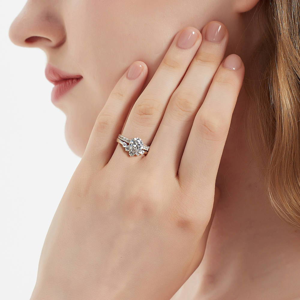 Solitaire 5-Stone Wishbone 2ct CZ Ring Set in Sterling Silver