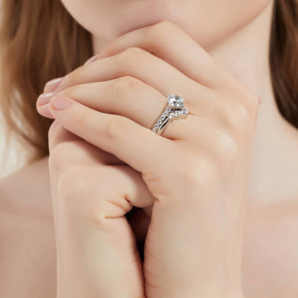 Model wearing Solitaire 5-Stone Wishbone 2ct CZ Ring Set in Sterling Silver, 7 of 18