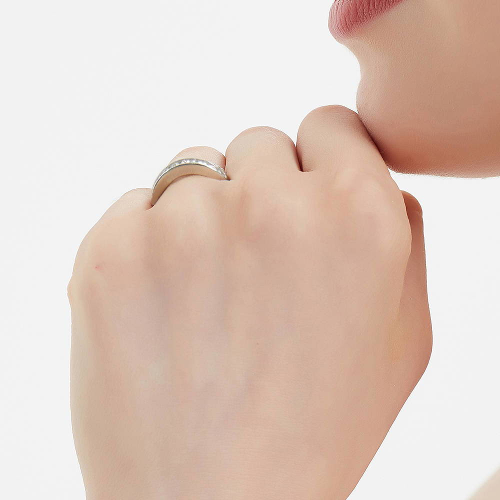 Model wearing Channel Set CZ Curved Half Eternity Ring in Sterling Silver, 7 of 8