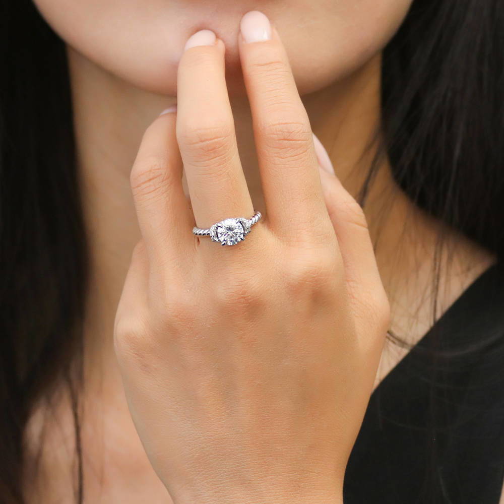 Model wearing Woven Solitaire 1.25ct CZ Ring in Sterling Silver, 2 of 8