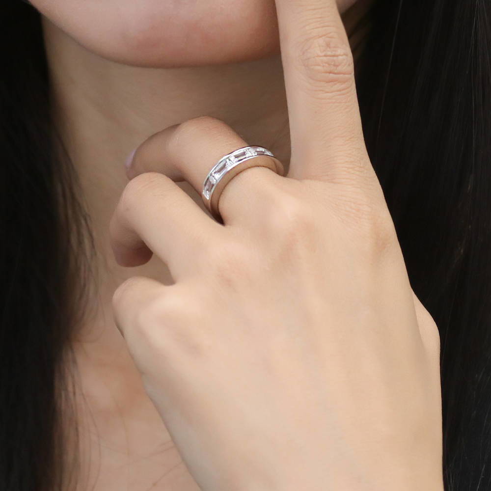 Model wearing 5-Stone Channel Emerald Cut CZ Eternity Ring in Sterling Silver, 6 of 8