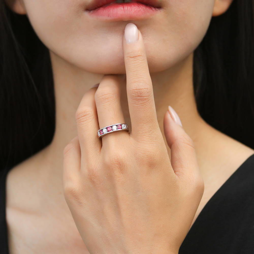 Model wearing Red Channel Set CZ Stackable Half Eternity Ring in Sterling Silver, 2 of 8