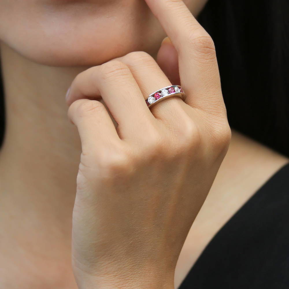 Model wearing Red Channel Set CZ Stackable Half Eternity Ring in Sterling Silver, 6 of 8