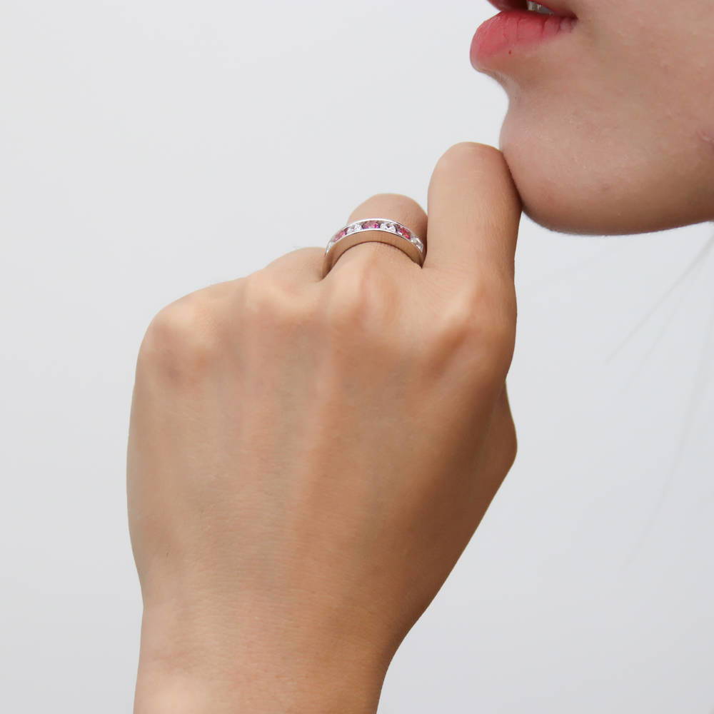 Model wearing Red Channel Set CZ Stackable Half Eternity Ring in Sterling Silver, 3 of 8