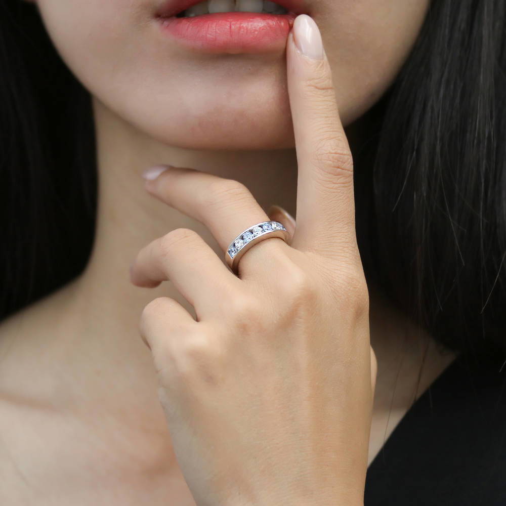 Model wearing Greyish Blue Channel CZ Stackable Half Eternity Ring in Sterling Silver, 2 of 8