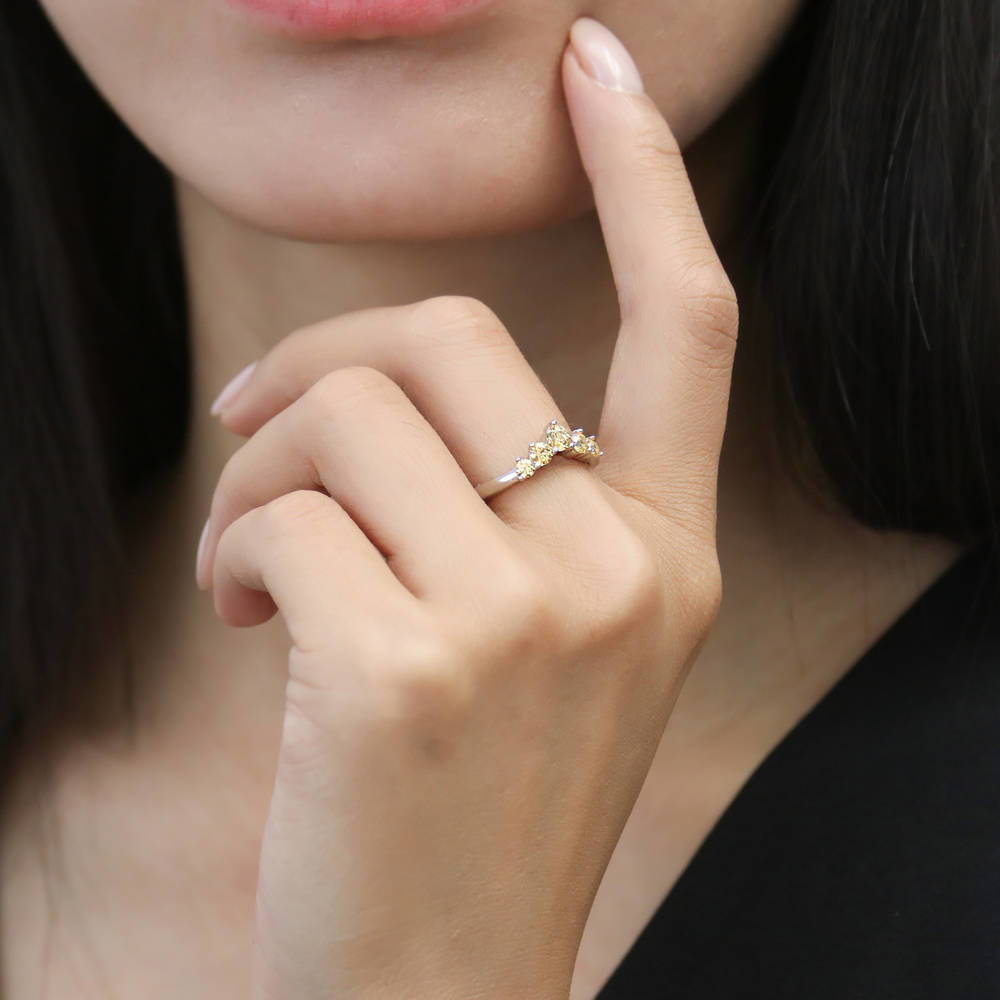 Model wearing 5-Stone Wishbone Chevron V Shaped CZ Band in Sterling Silver, 6 of 8