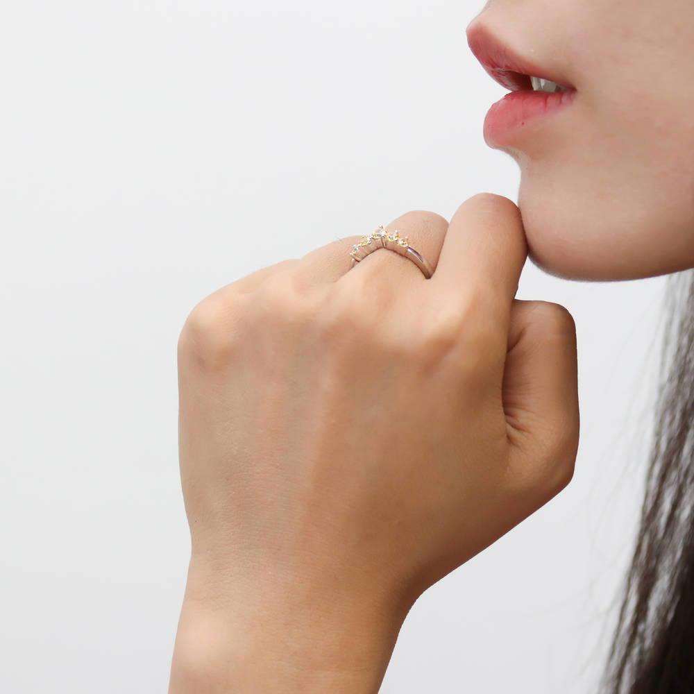 Model wearing 5-Stone Wishbone Chevron V Shaped CZ Band in Sterling Silver, 3 of 8