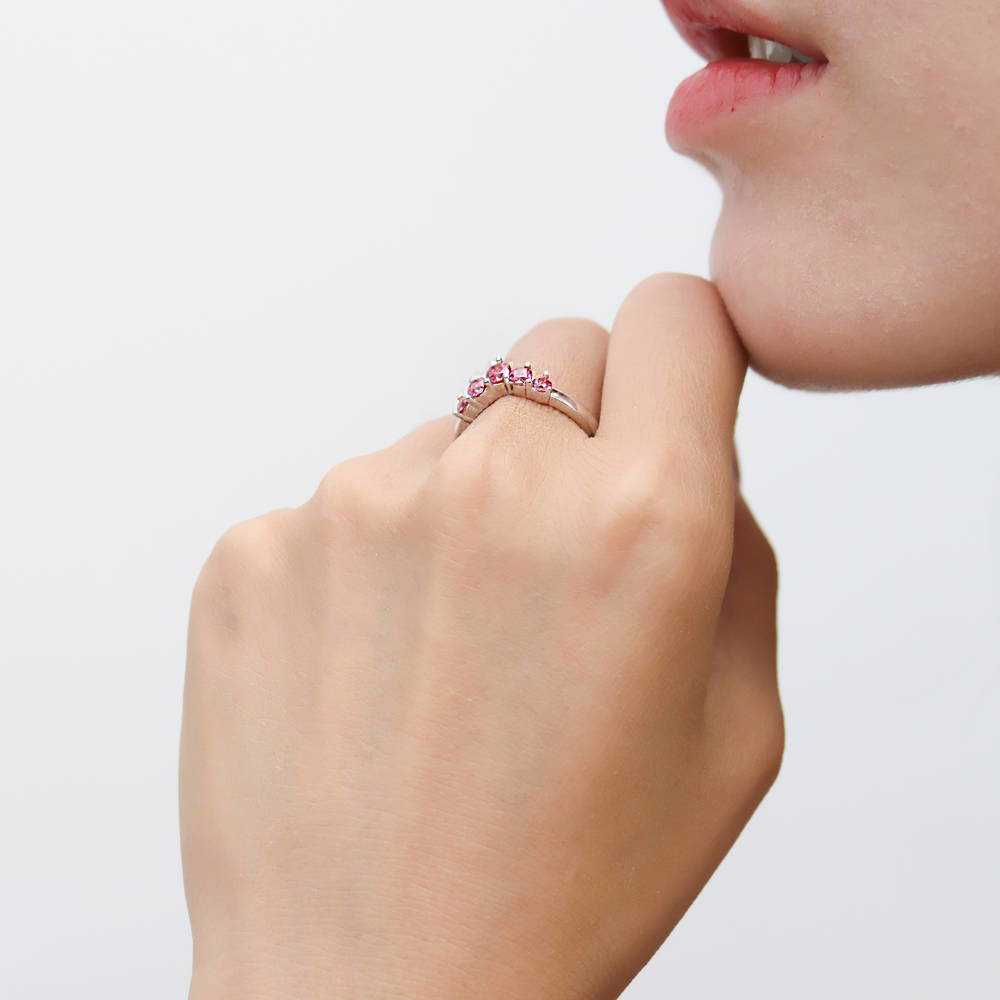 Model wearing 5-Stone Wishbone CZ Stackable Curved Band in Sterling Silver, 3 of 8
