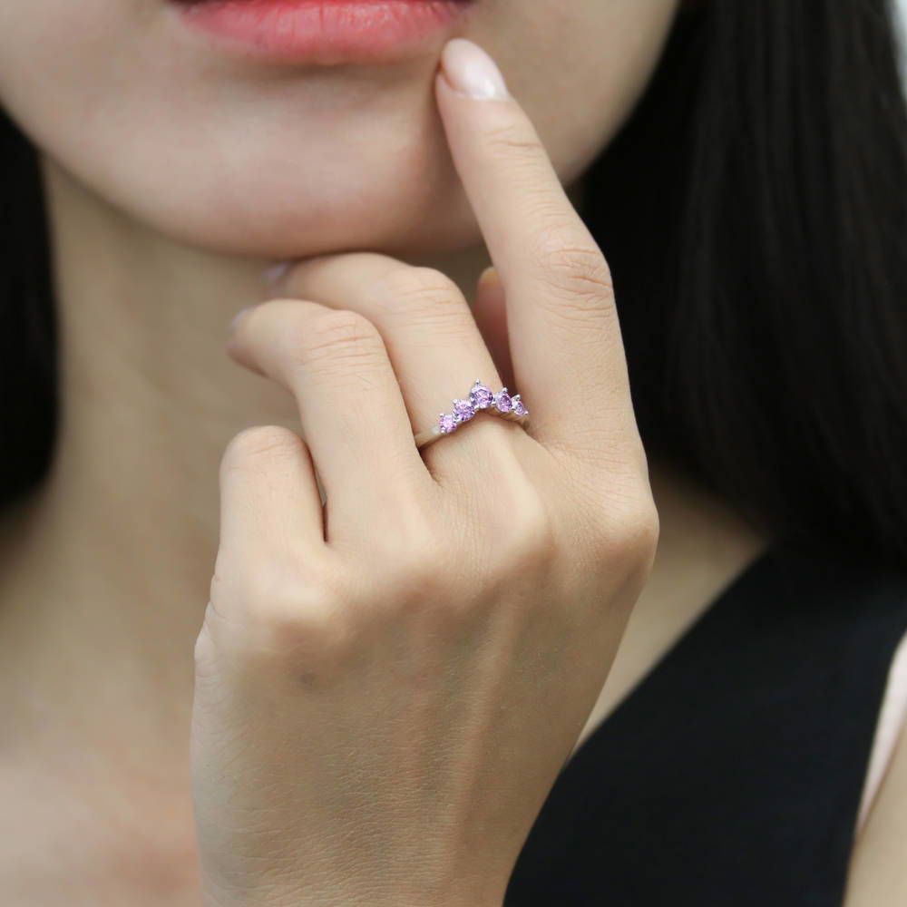 Model wearing Solitaire 5-Stone Wishbone 2ct CZ Ring Set in Sterling Silver, 18 of 19