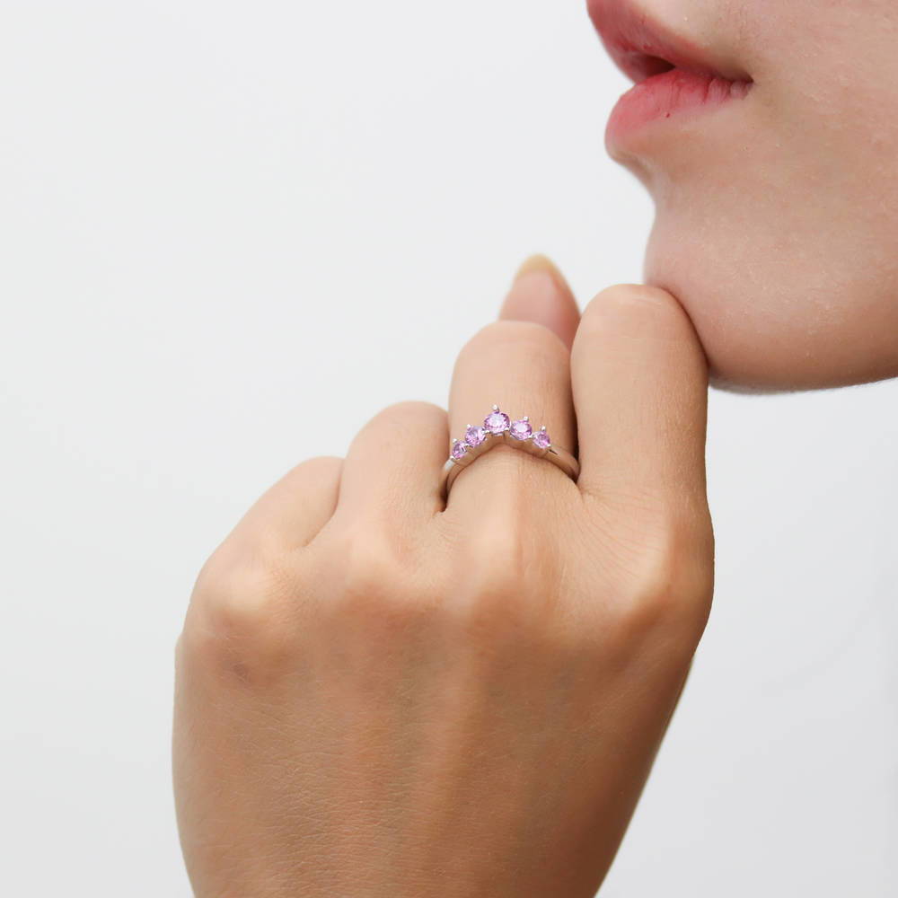 Model wearing Solitaire 5-Stone Wishbone 2ct CZ Ring Set in Sterling Silver, 16 of 19