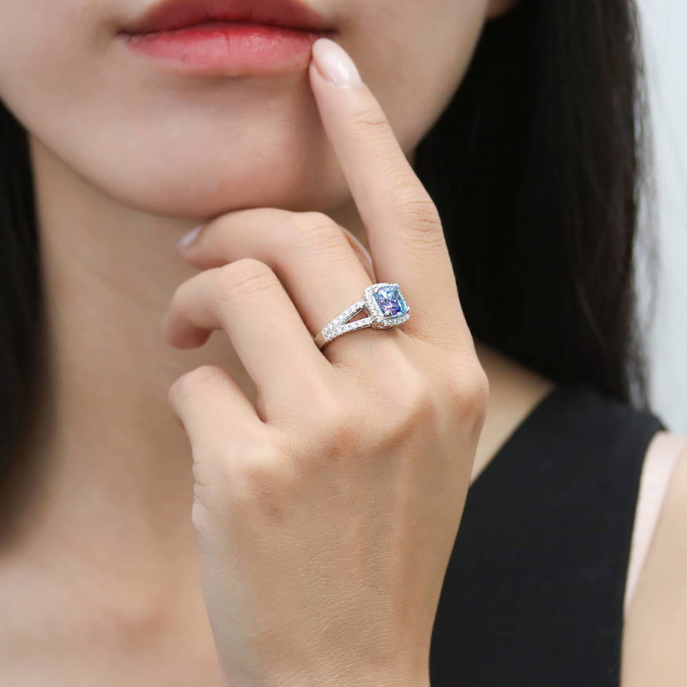 Model wearing Halo Purple Aqua Cushion CZ Split Shank Ring in Sterling Silver, 6 of 8