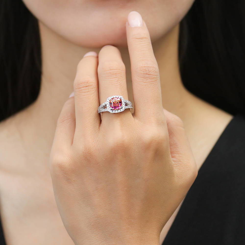 Model wearing Halo Red Orange Cushion CZ Split Shank Ring in Sterling Silver, 2 of 8