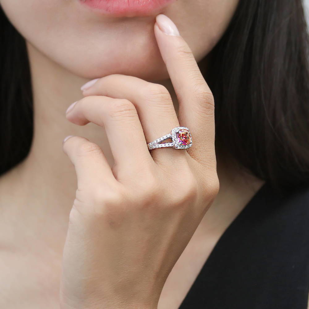 Model wearing Halo Red Orange Cushion CZ Split Shank Ring in Sterling Silver, 6 of 8